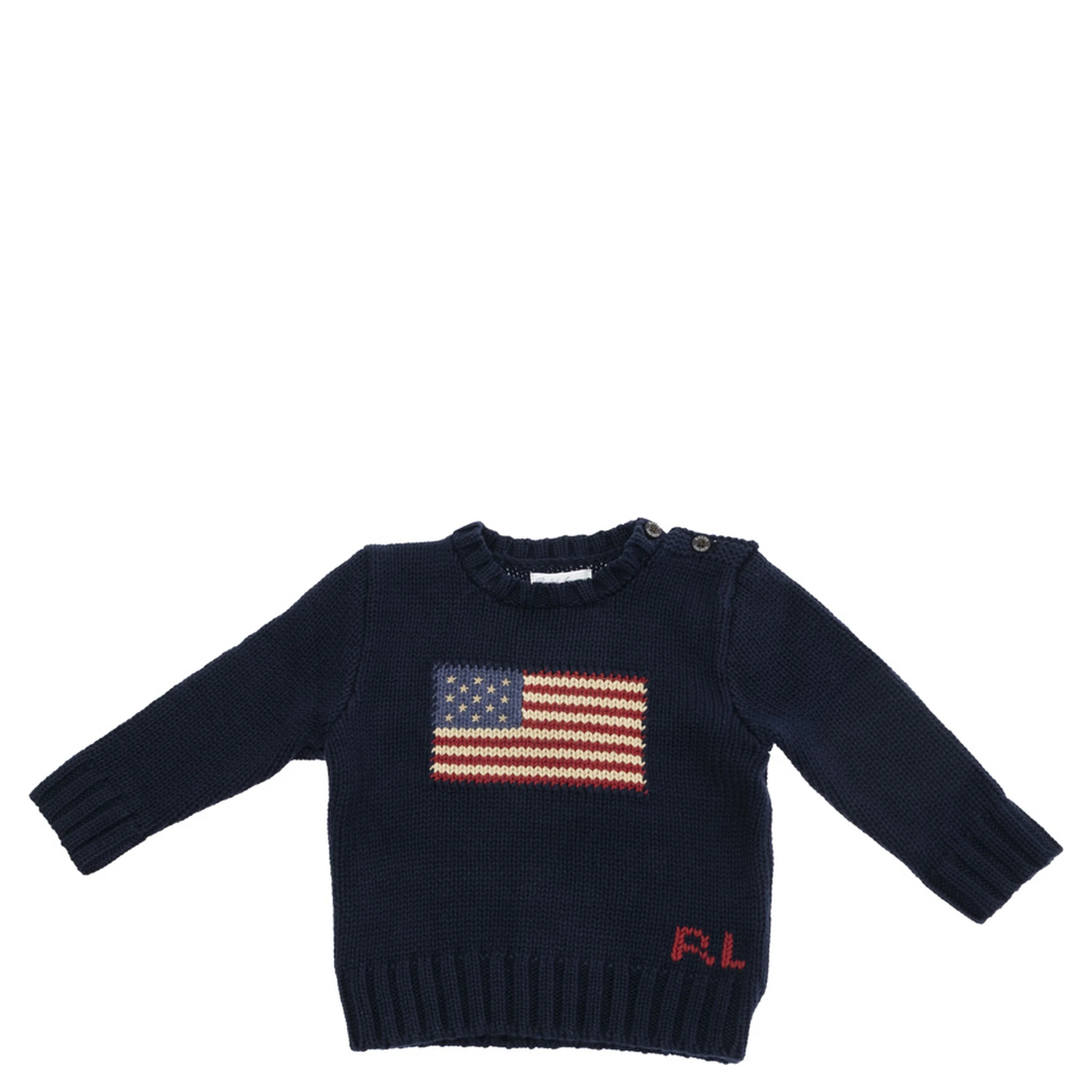 Blue Crewneck Sweater with Embroidery on the Front and Button Closure on the Sleeve in Cotton Baby