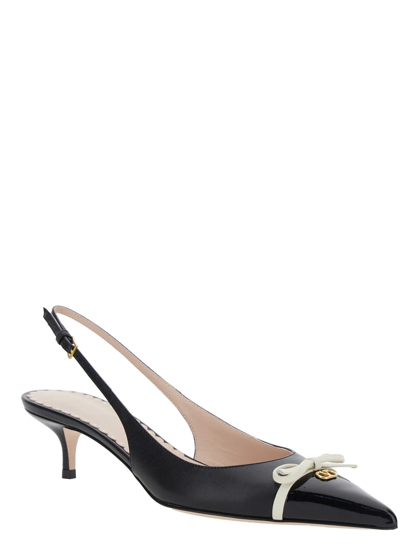 Black Décolleté with Bow and Logo Plaque on the Front in Leather Woman