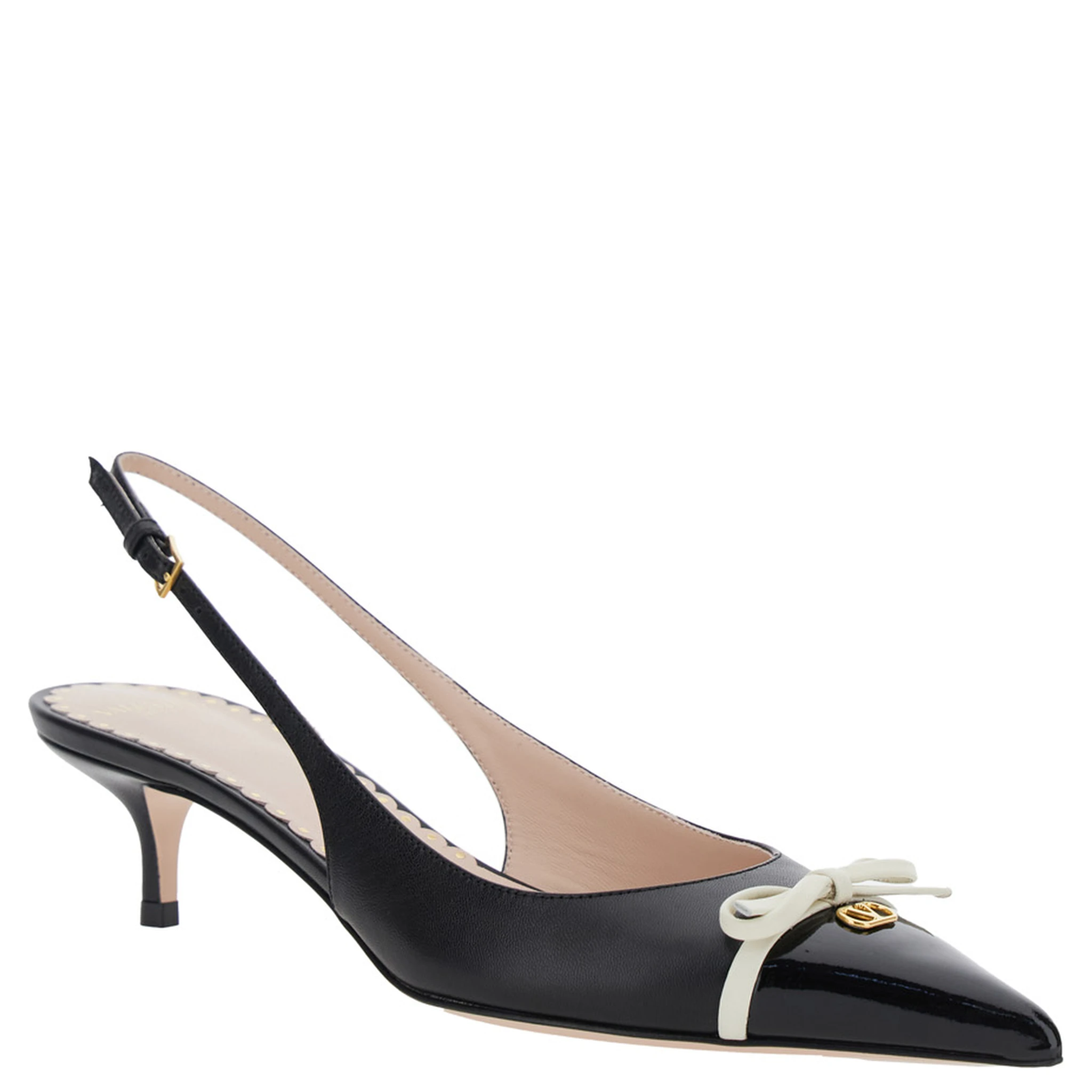 Black Décolleté with Bow and Logo Plaque on the Front in Leather Woman