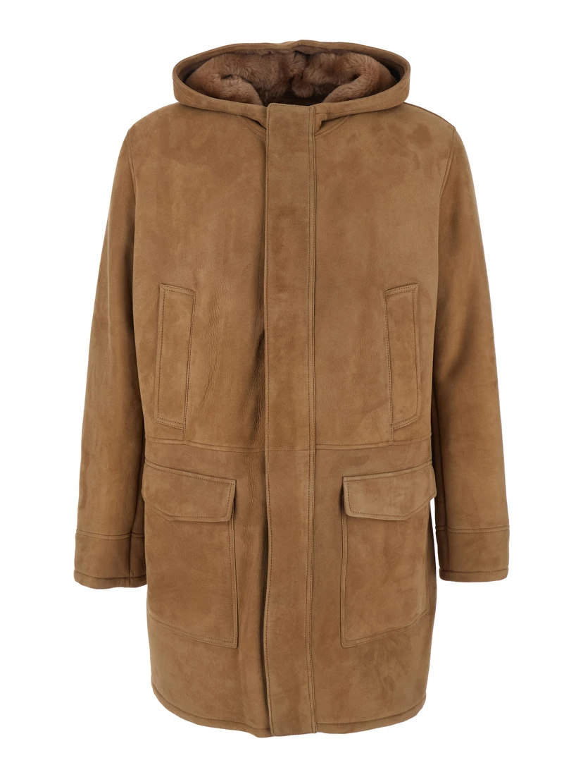 Mias Beige Shearling Jacket with Hood and Front Zip Closure in Suede Woman