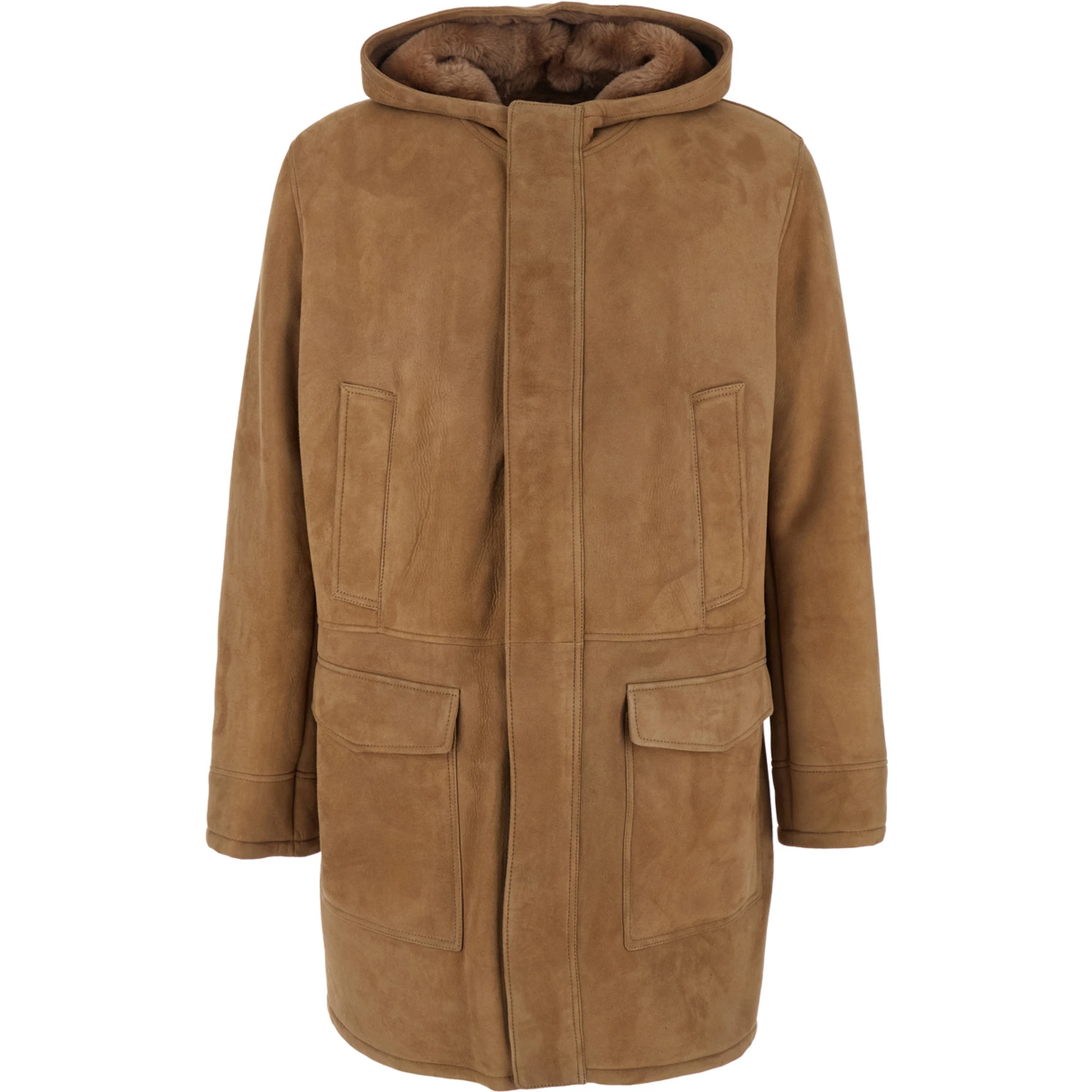 Mias Beige Shearling Jacket with Hood and Front Zip Closure in Suede Woman