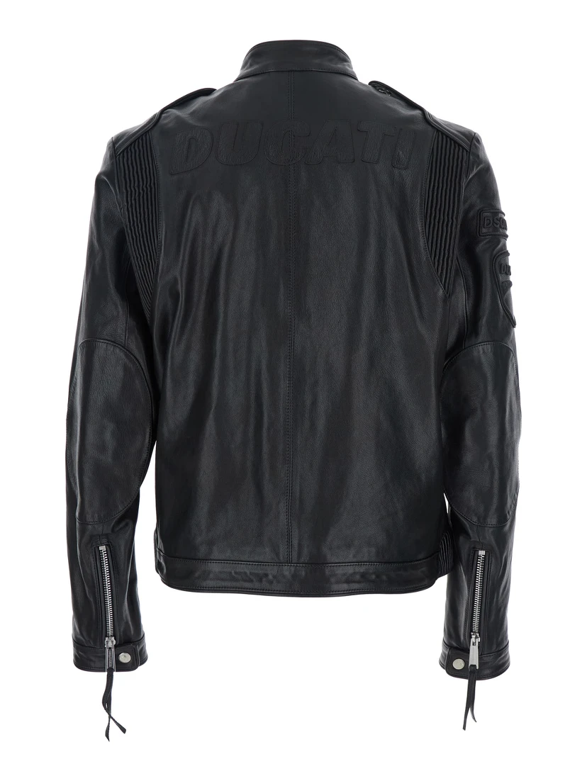 Ducati x D2 Black Jacket with Mandarin Collar and Logo Embossed on the Back in Leather Man