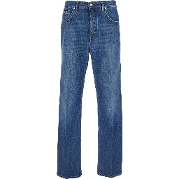 Blue Five-Pocket Jeans with Logo Patch on the Back in Denim Man