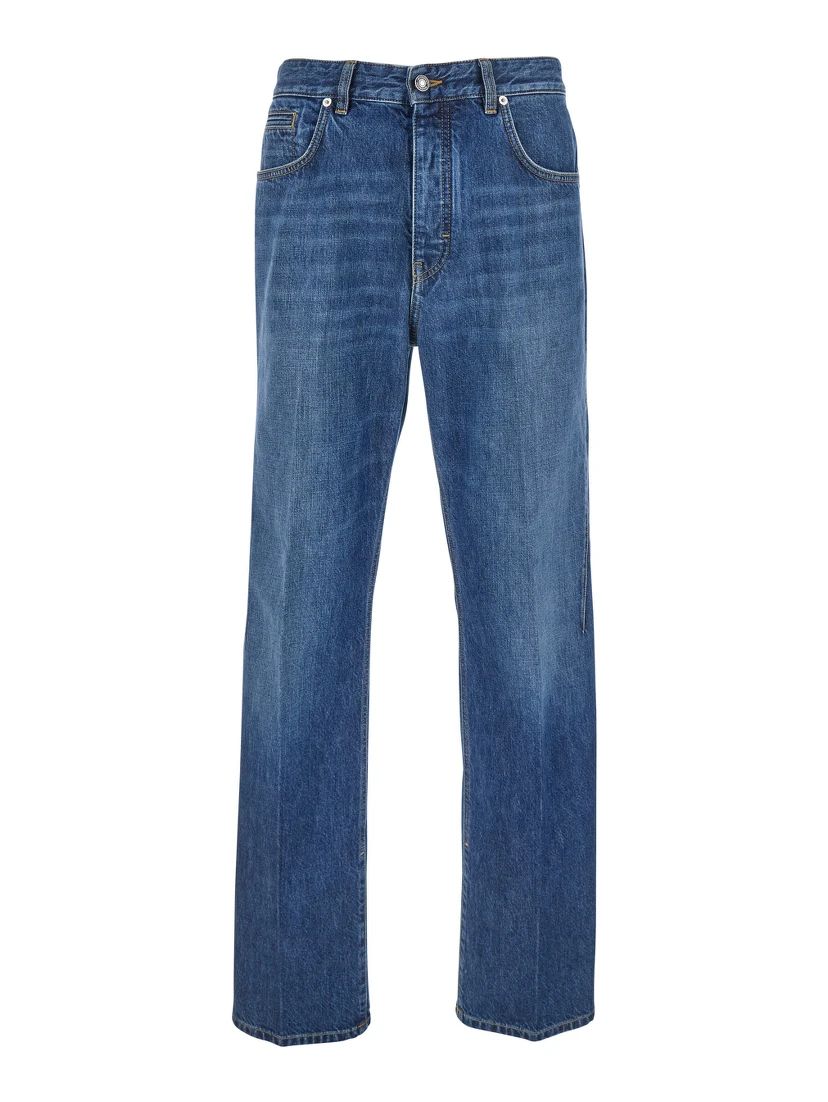 Blue Five-Pocket Jeans with Logo Patch on the Back in Denim Man