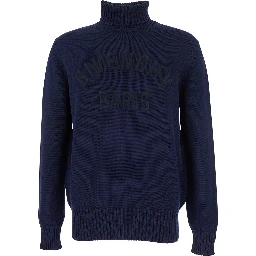 Blue Turtleneck Sweater with Logo Lettering on the Front in Wool Man