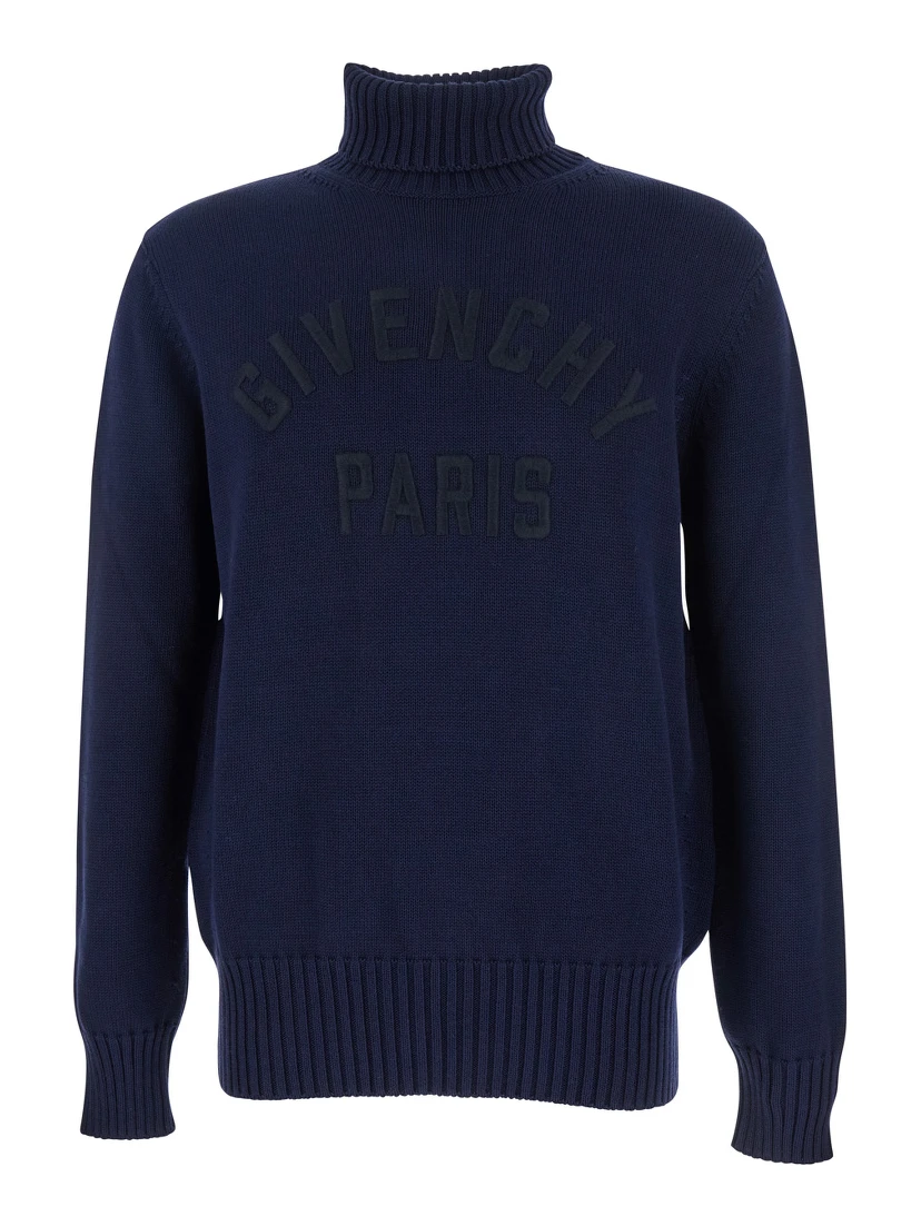 Blue Turtleneck Sweater with Logo Lettering on the Front in Wool Man
