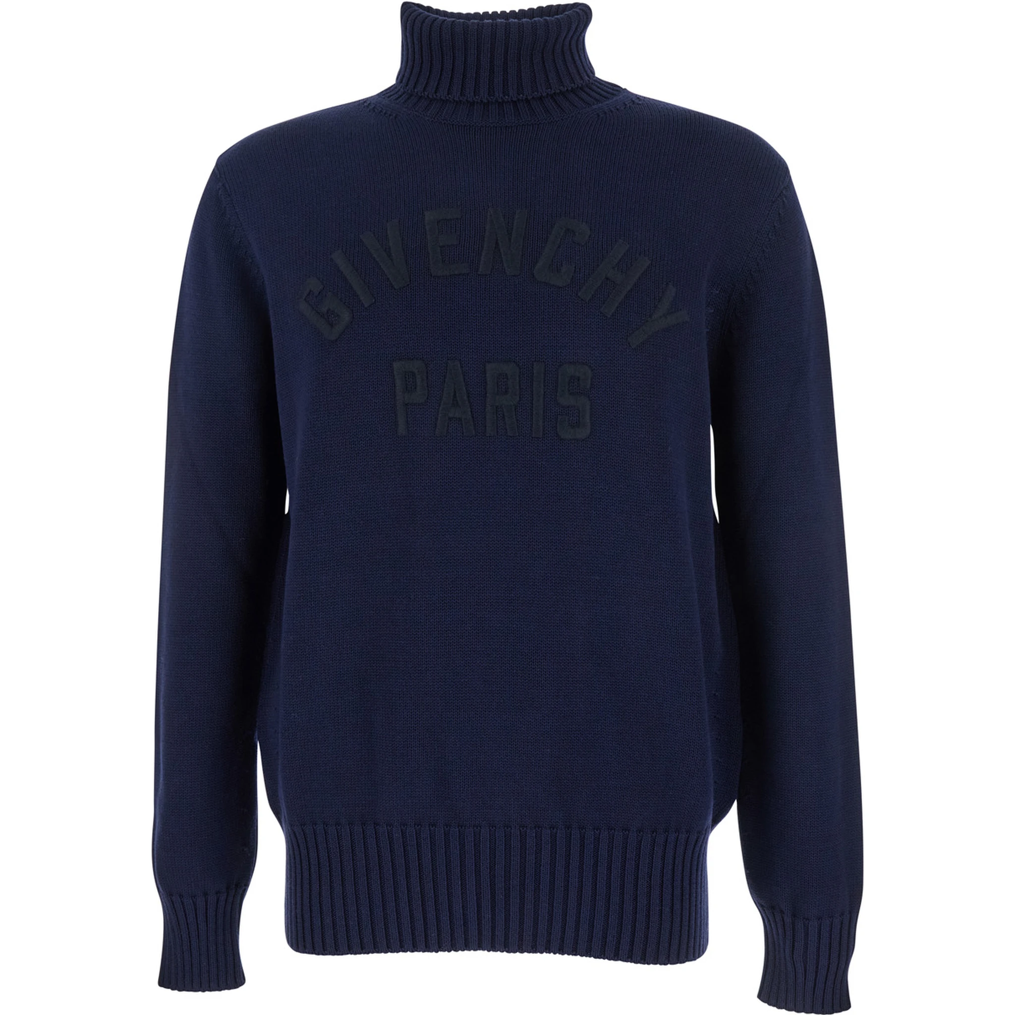 Blue Turtleneck Sweater with Logo Lettering on the Front in Wool Man