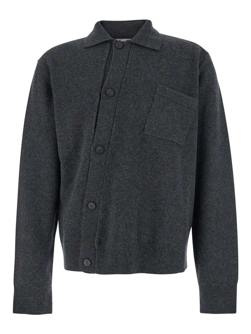 Grey Cardigan with Asymmetrical Design in Wool Man
