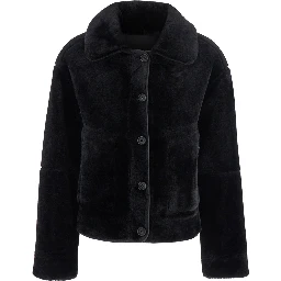 Black Shearling Coat with Classic Collar and Button Closure in Faux Fur Woman