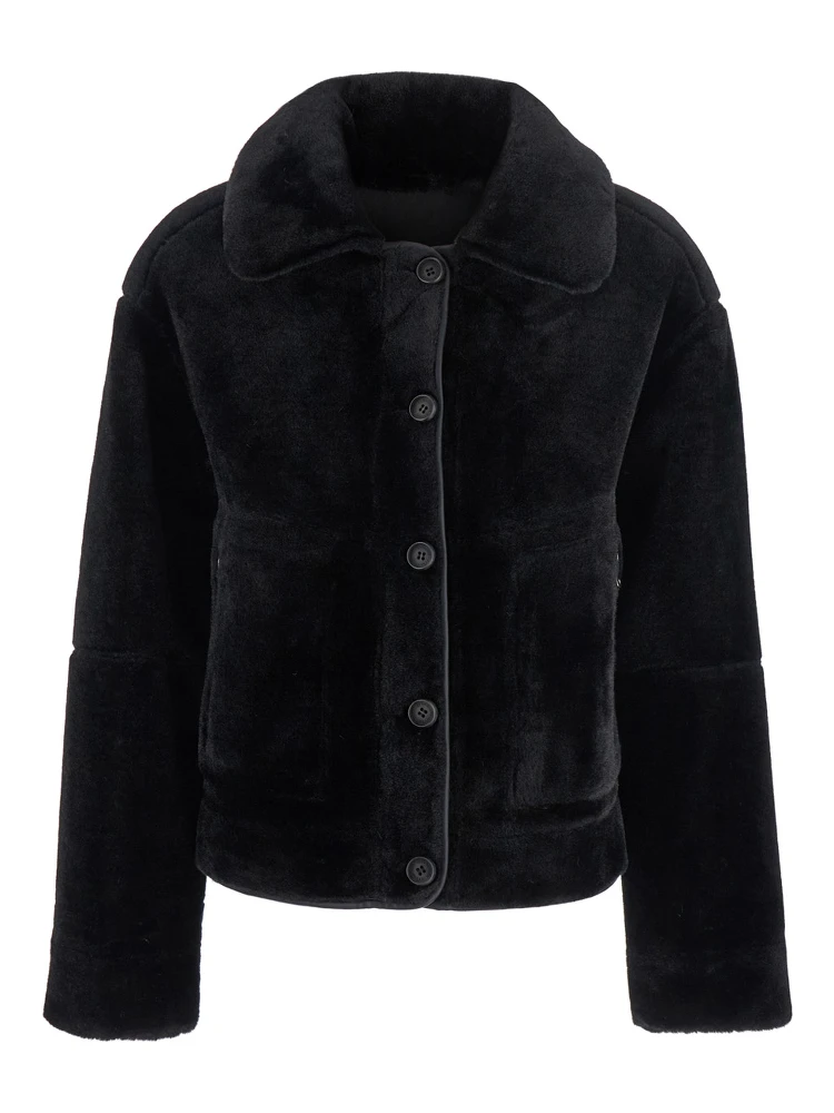 Black Shearling Coat with Classic Collar and Button Closure in Faux Fur Woman