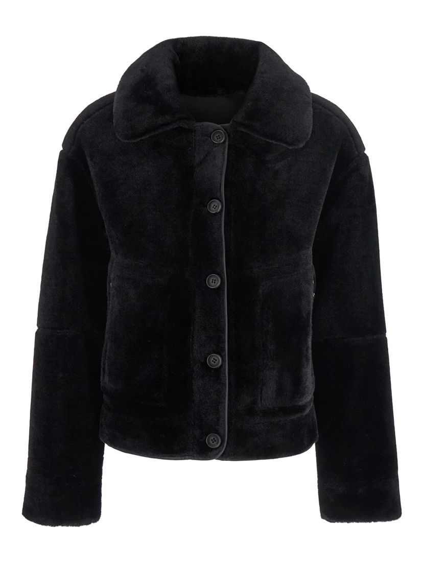 Black Shearling Coat with Classic Collar and Button Closure in Faux Fur Woman