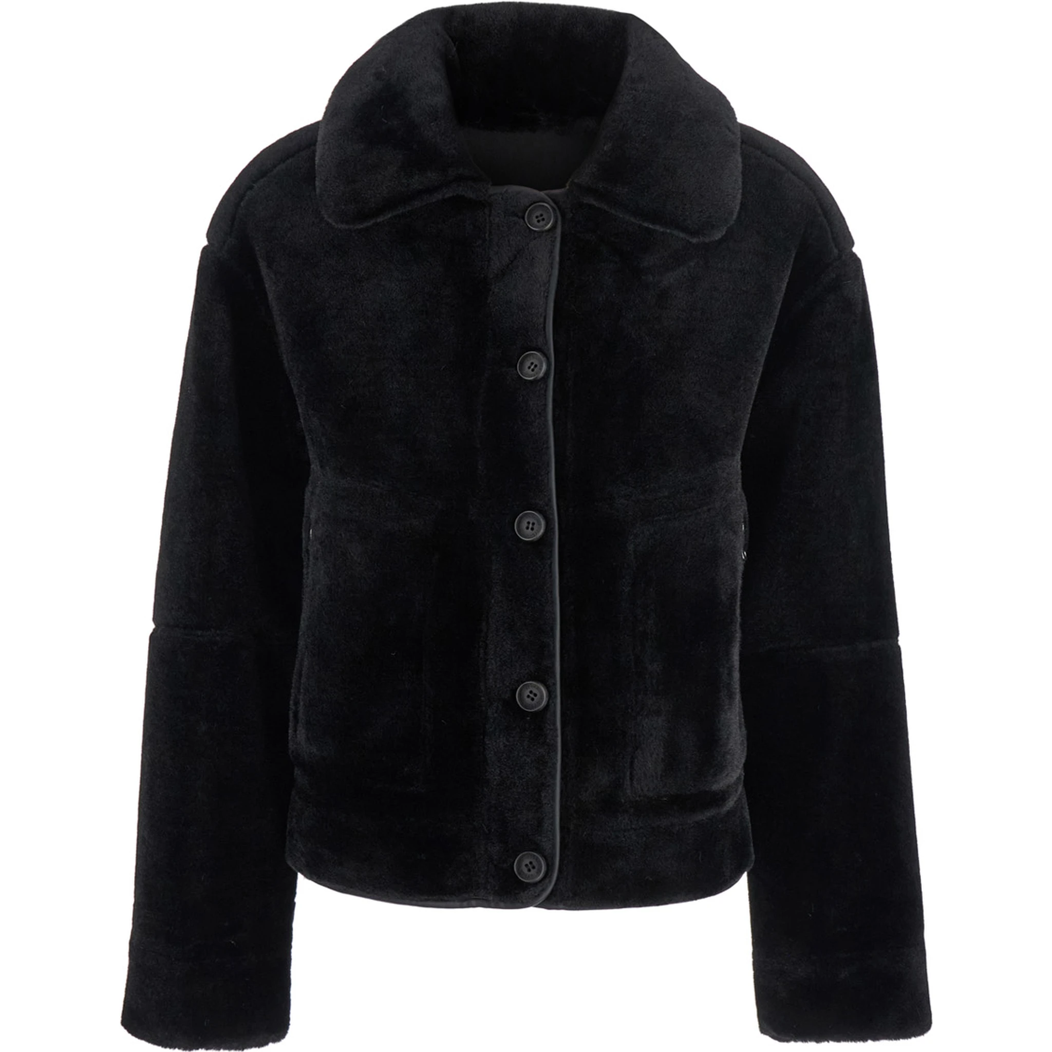 Black Shearling Coat with Classic Collar and Button Closure in Faux Fur Woman