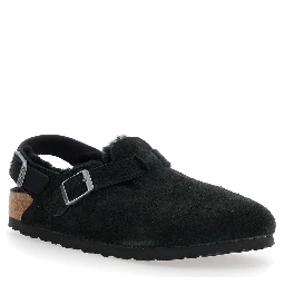 Tokio Black Mules with Engraved Logo in Suede and Shearling Woman