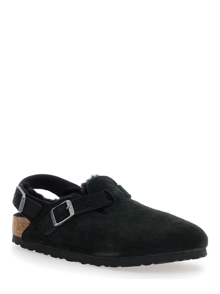 Tokio Black Mules with Engraved Logo in Suede and Shearling Woman alternative