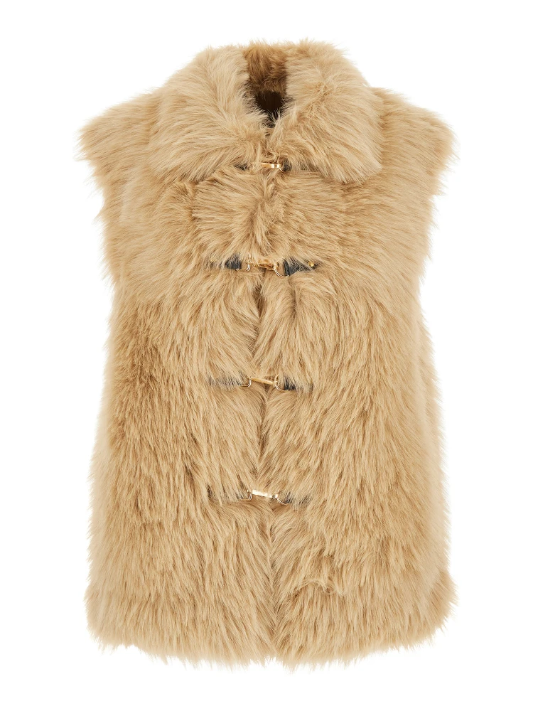 Beige Sleeveless Shearling with Front Closure in Faux Fur Woman