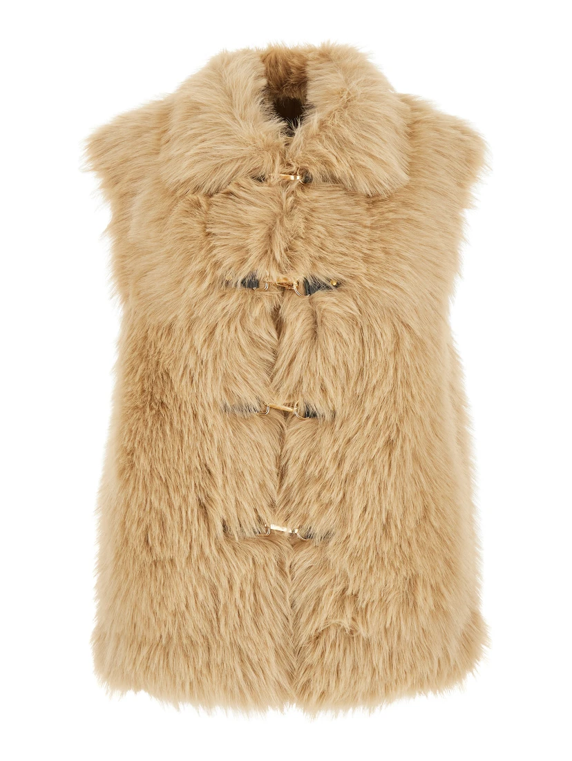 Beige Sleeveless Shearling with Front Closure in Faux Fur Woman