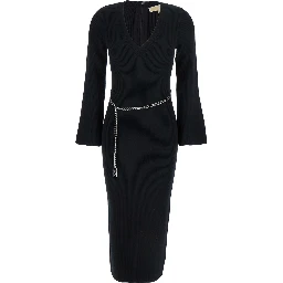 Black Dress with Chain Belt and Logo Plaque on the Rear in Wool Blend Stretch Woman