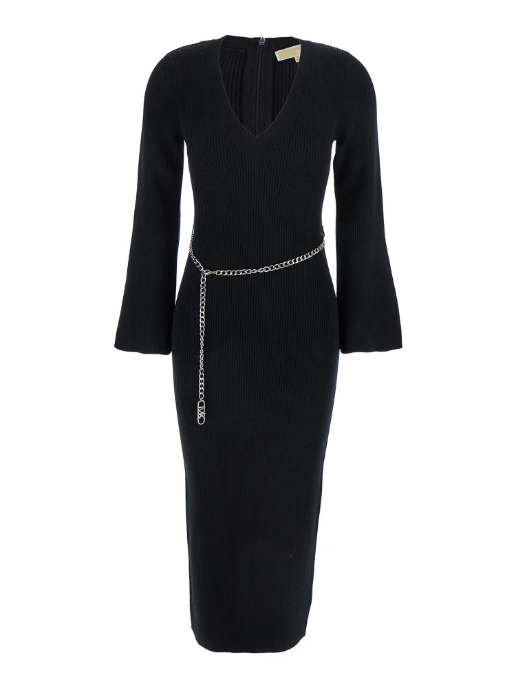 Black Dress with Chain Belt and Logo Plaque on the Rear in Wool Blend Stretch Woman