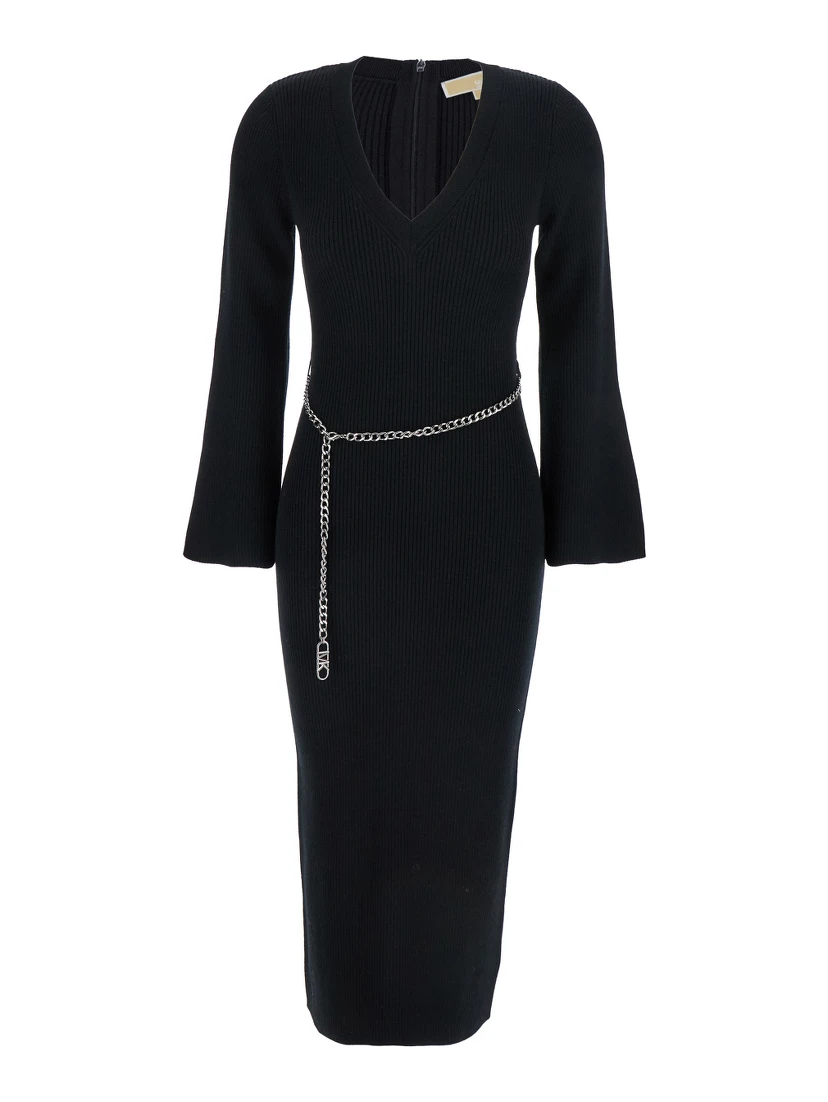 Black Dress with Chain Belt and Logo Plaque on the Rear in Wool Blend Stretch Woman