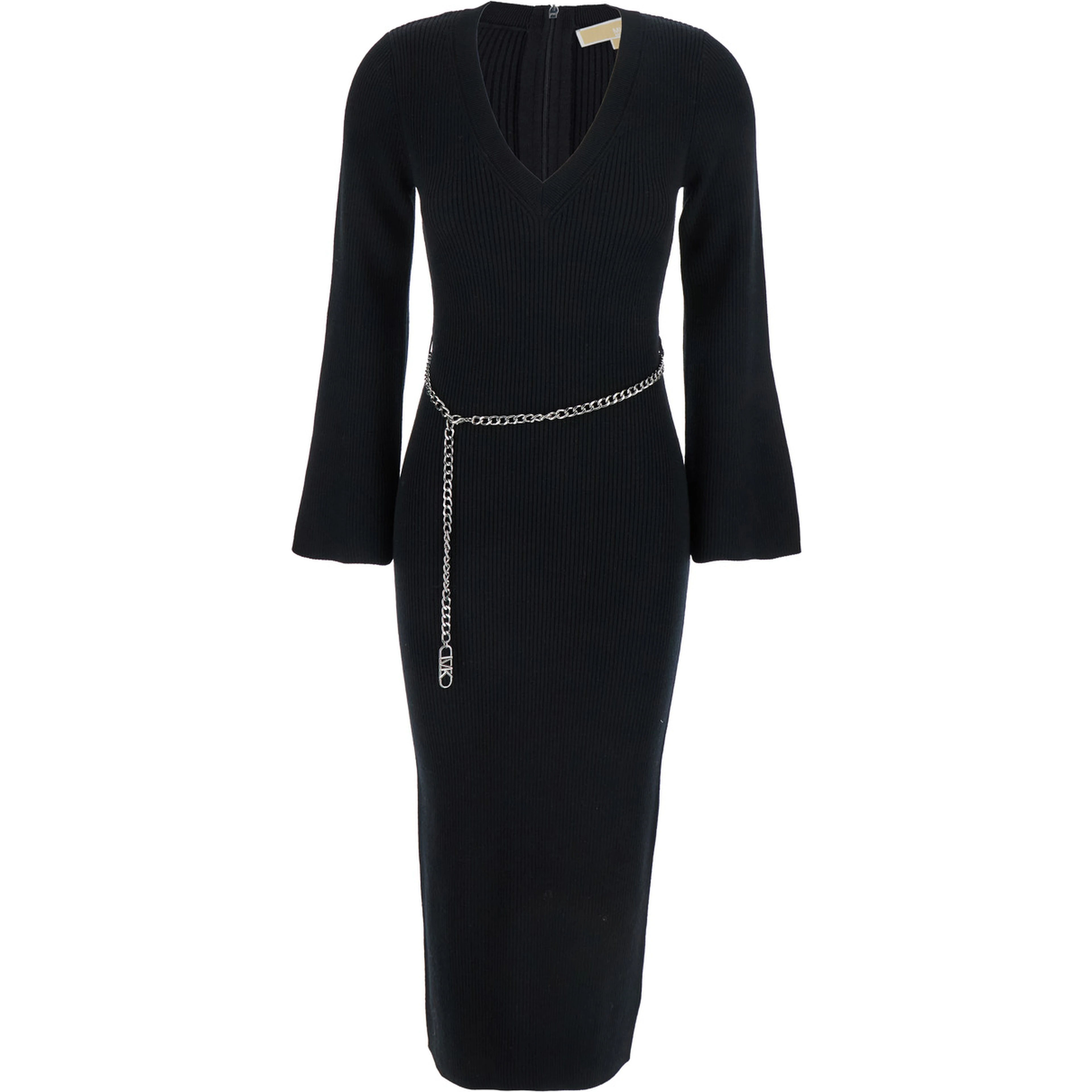Black Dress with Chain Belt and Logo Plaque on the Rear in Wool Blend Stretch Woman