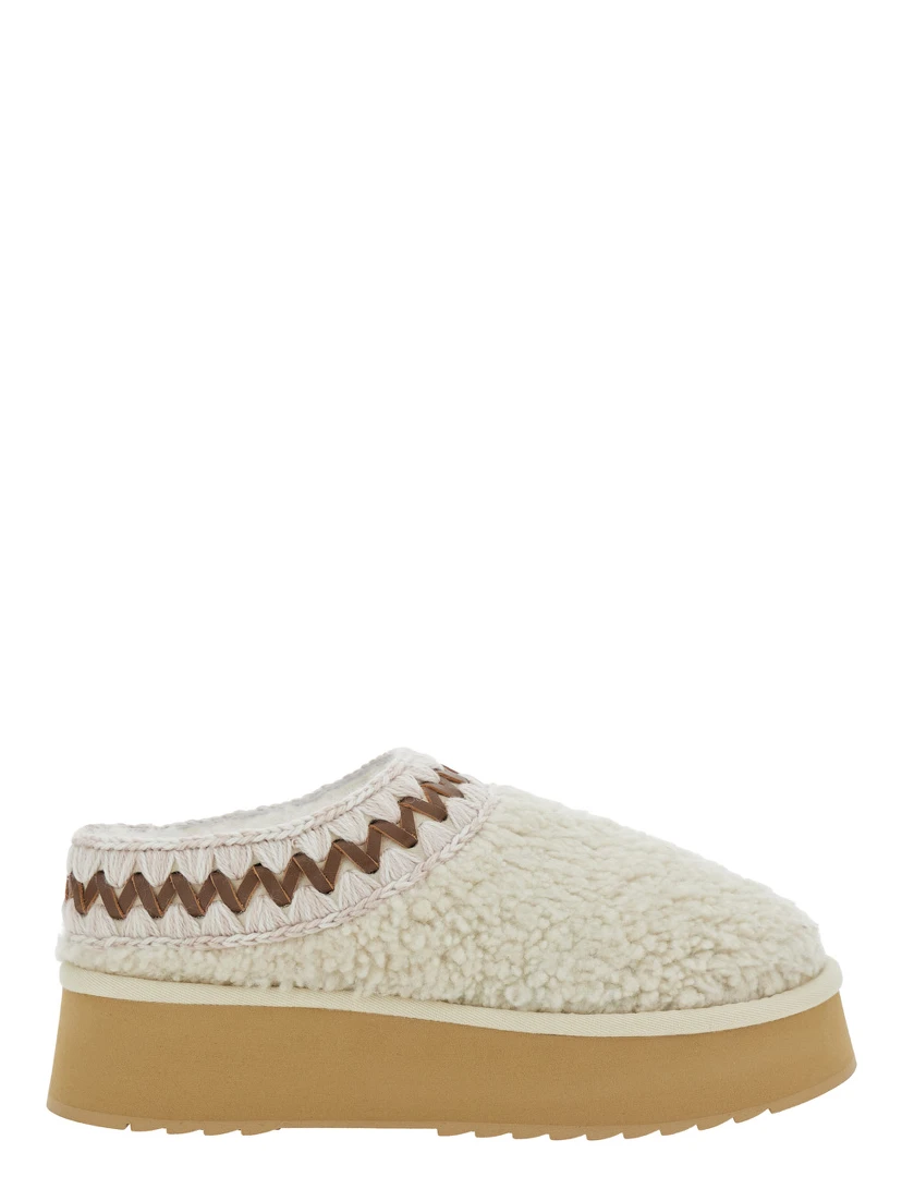 White Mules with Braided Detail in Faux Fur Woman