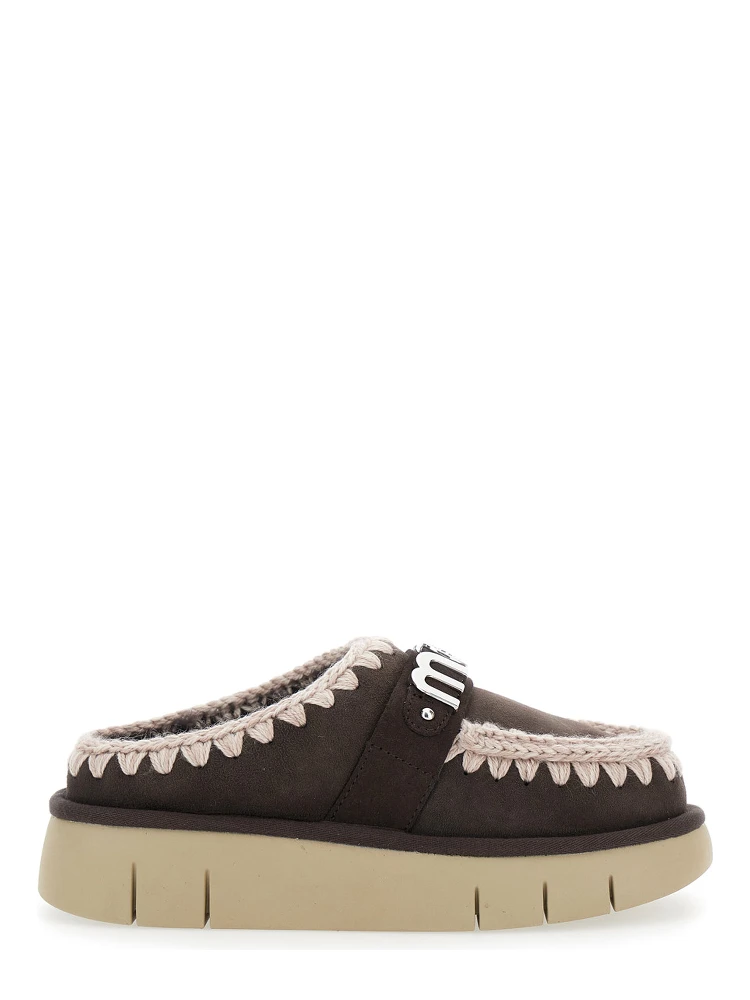 Bounce Brown Mules with Logo Lettering and Open Rear in Leather Woman