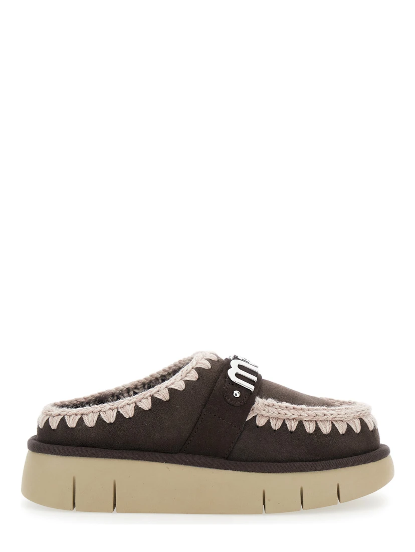Bounce Brown Mules with Logo Lettering and Open Rear in Leather Woman