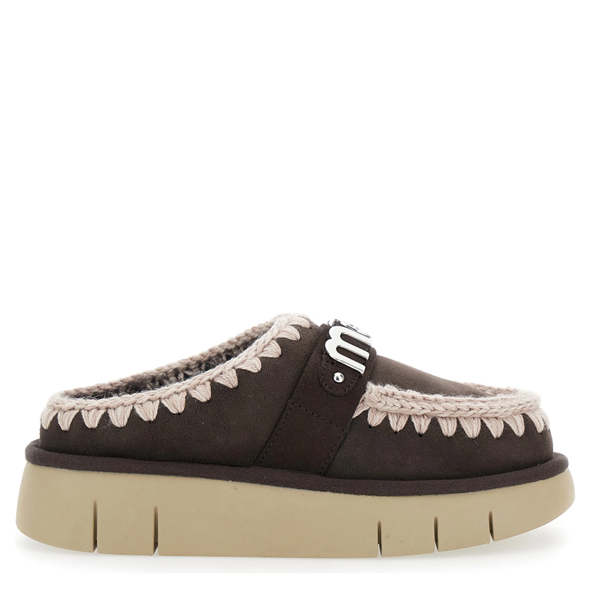 Bounce Brown Mules with Logo Lettering and Open Rear in Leather Woman