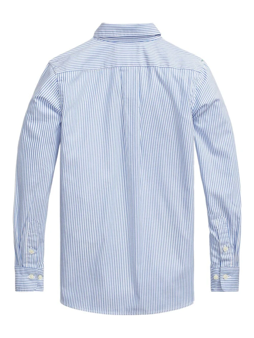Slim Fit Light Blue Striped Shirt with Embroidered Logo on Chest in Cotton Boy