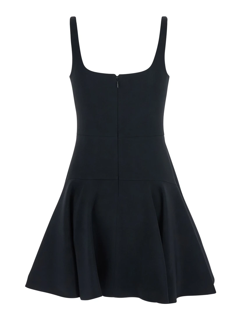 Black Mini Dress with Flared Skirt and Square Neckline in Viscose Blend Stretch Woman