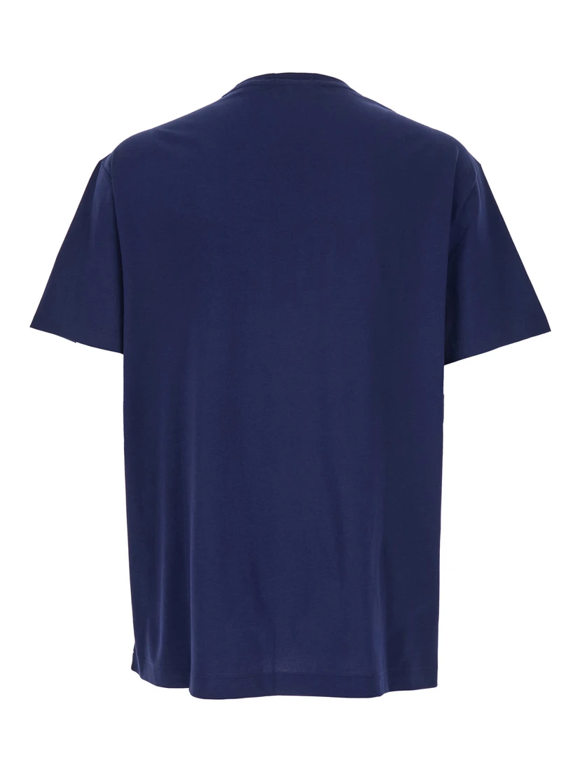 Blue Crewneck T-Shirt with Logo Lettering on the Fornt and Pony Embroidery on the Front in Cotton Man