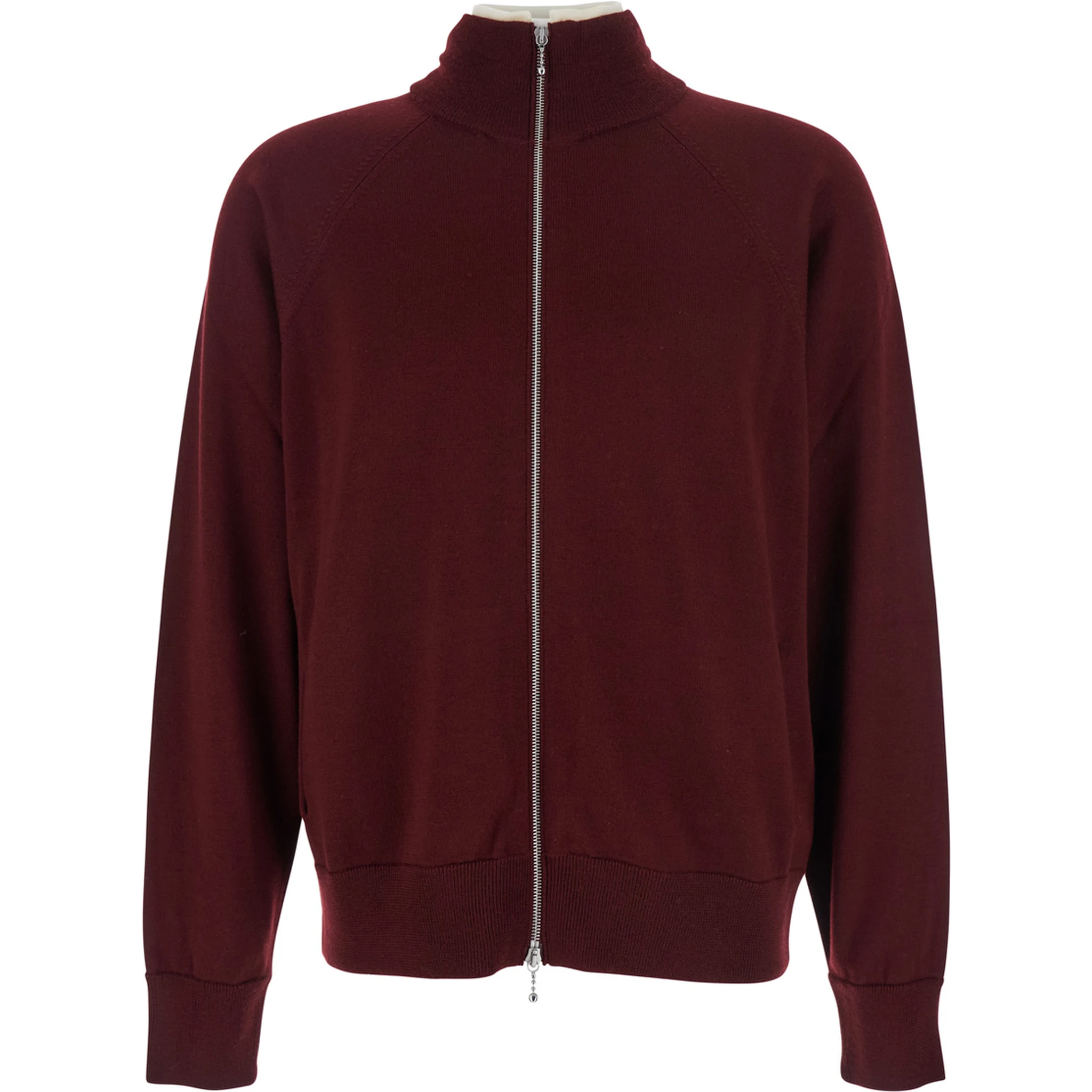 Bordeaux Cardigan with High Neck and Front Zip Closure in Wool Man