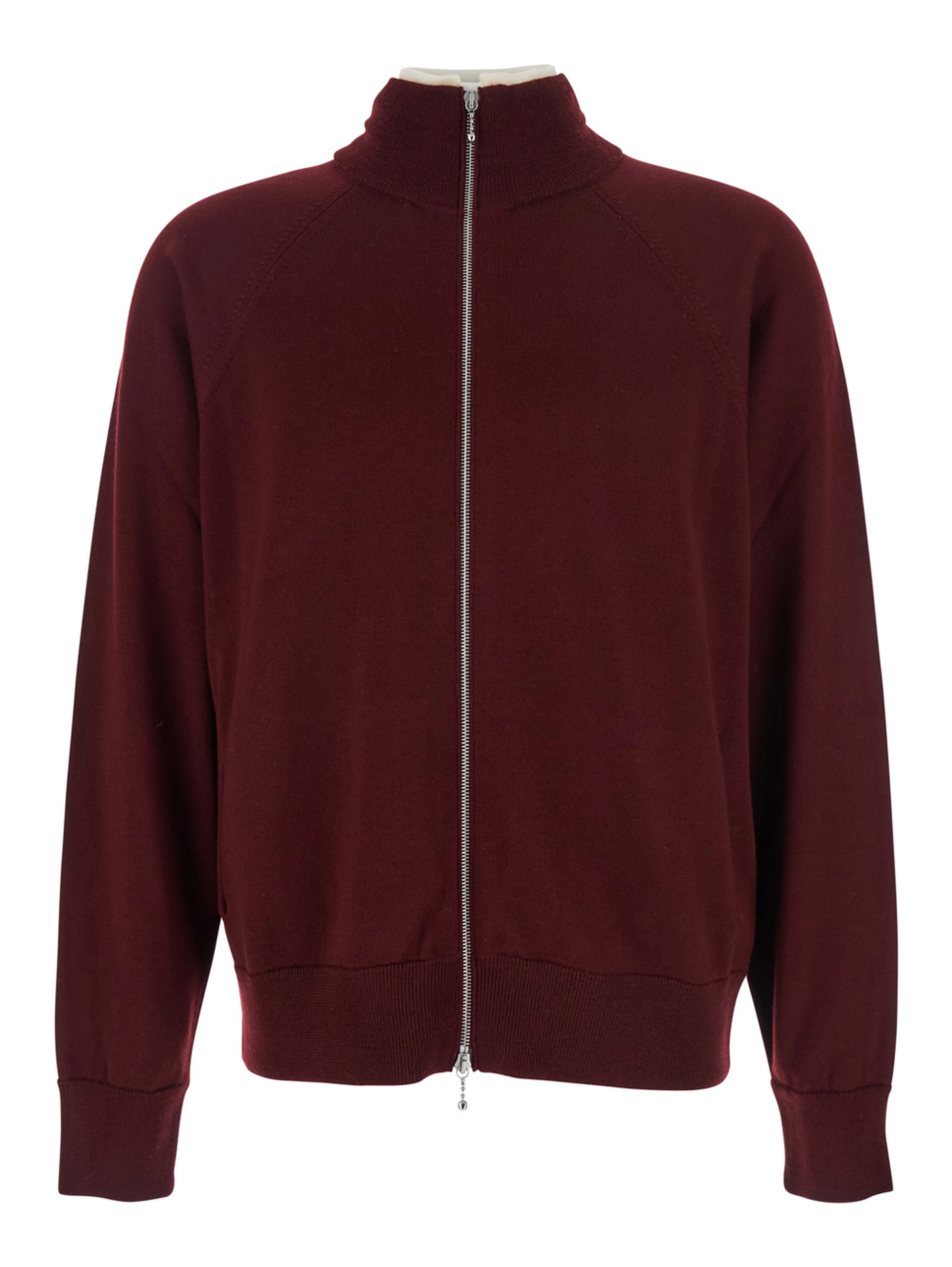 Bordeaux Cardigan with High Neck and Front Zip Closure in Wool Man
