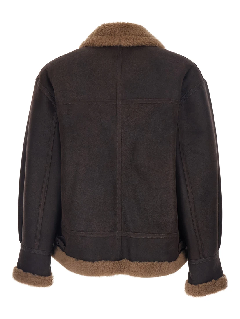 Brown Shearling Jacket with Zip Closure in Leather Man