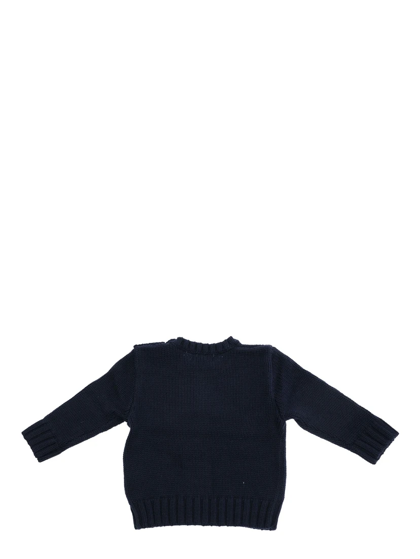 Blue Crewneck Sweater with Embroidery on the Front and Button Closure on the Sleeve in Cotton Baby