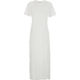 فستان أبيض بياقة دائرية وفتحة أمامية واحدة من القطن للنساء