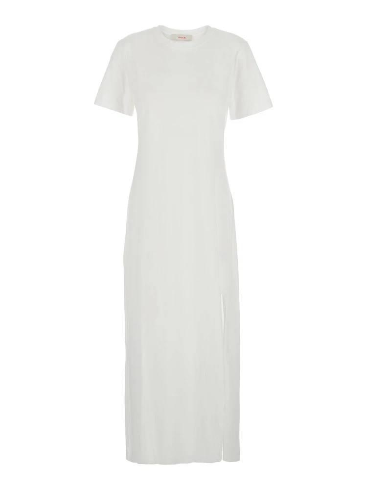 White Dress with Round Neck and Front Single Slit in Cotton Woman