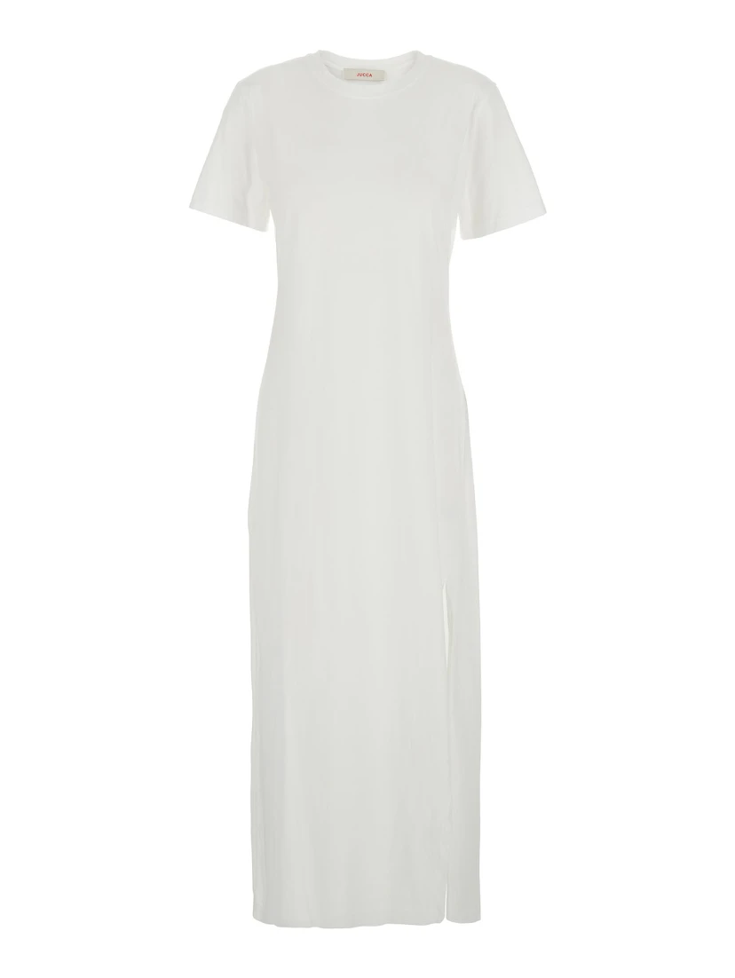 White Dress with Round Neck and Front Single Slit in Cotton Woman