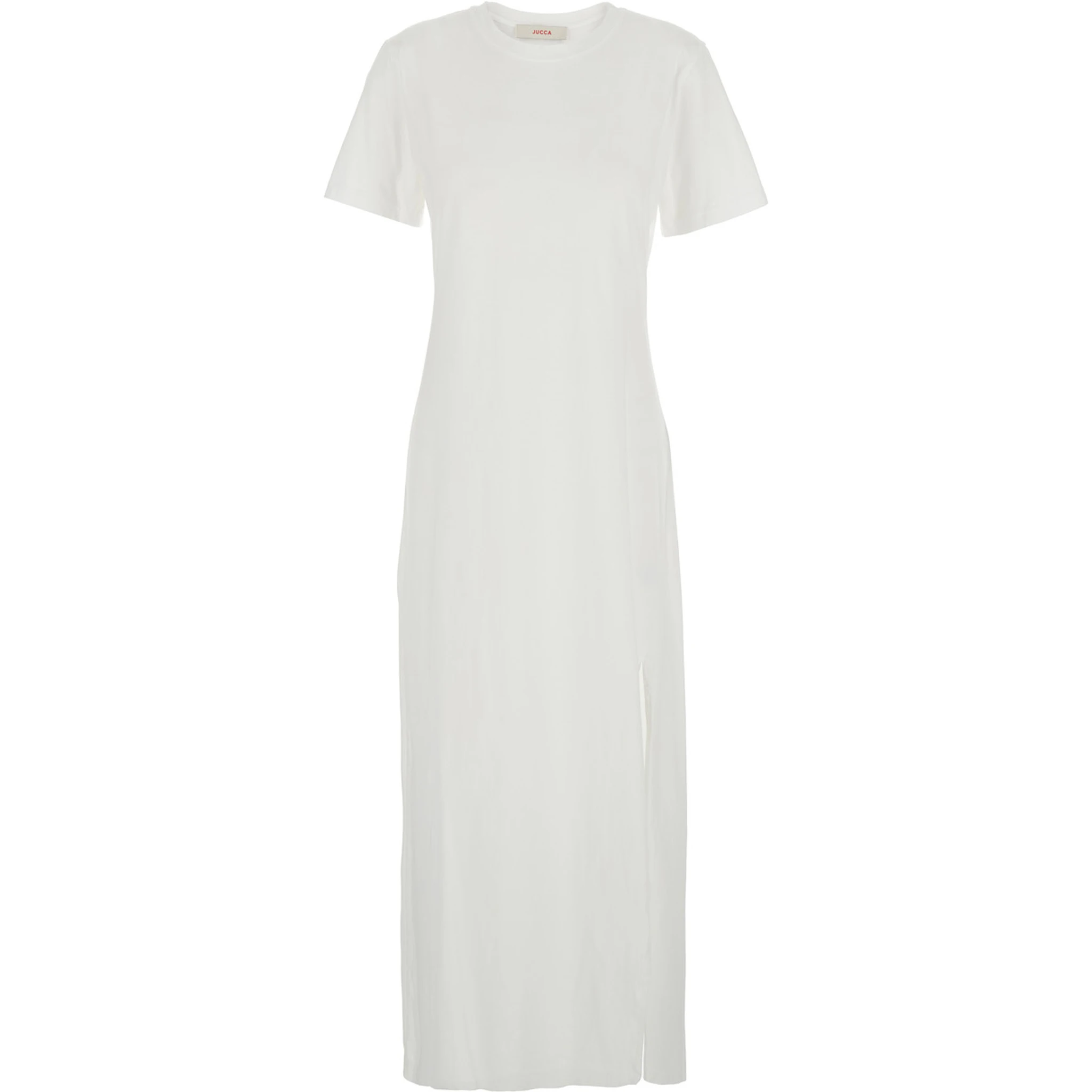 فستان أبيض بياقة دائرية وفتحة أمامية واحدة من القطن للنساء