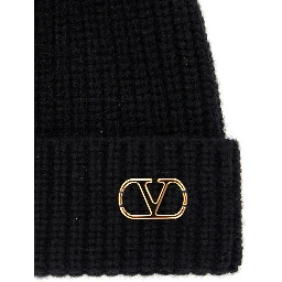 Black Knit Beanie with VLogo on the Front in Cashmere Man