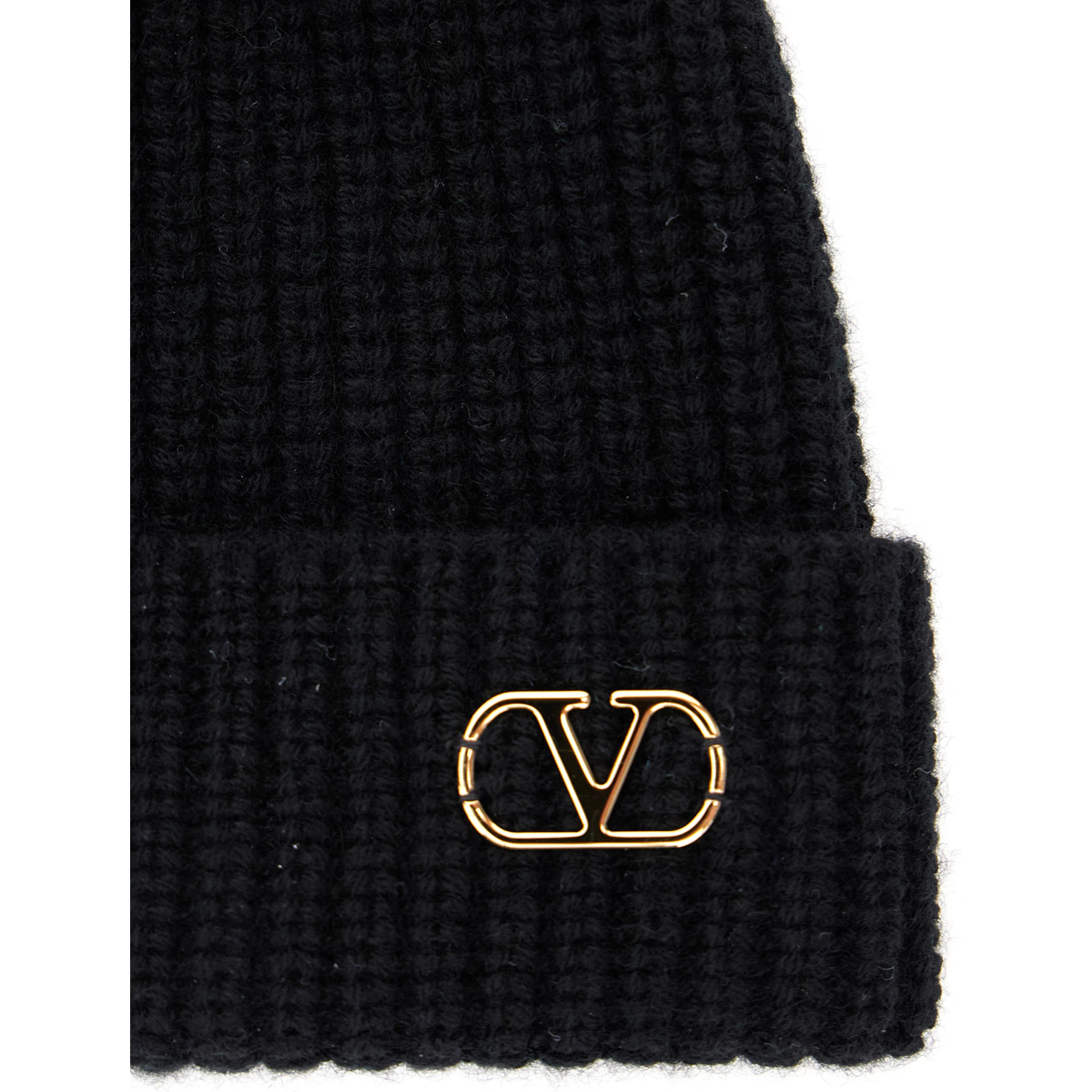 Black Knit Beanie with VLogo on the Front in Cashmere Man