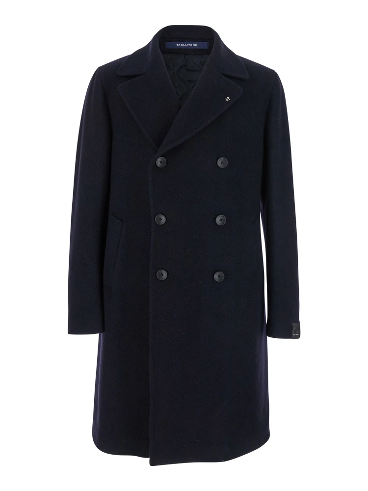 Arden Blue Double-Breasted Coat with Notched Revers in Wool and Cashmere Man
