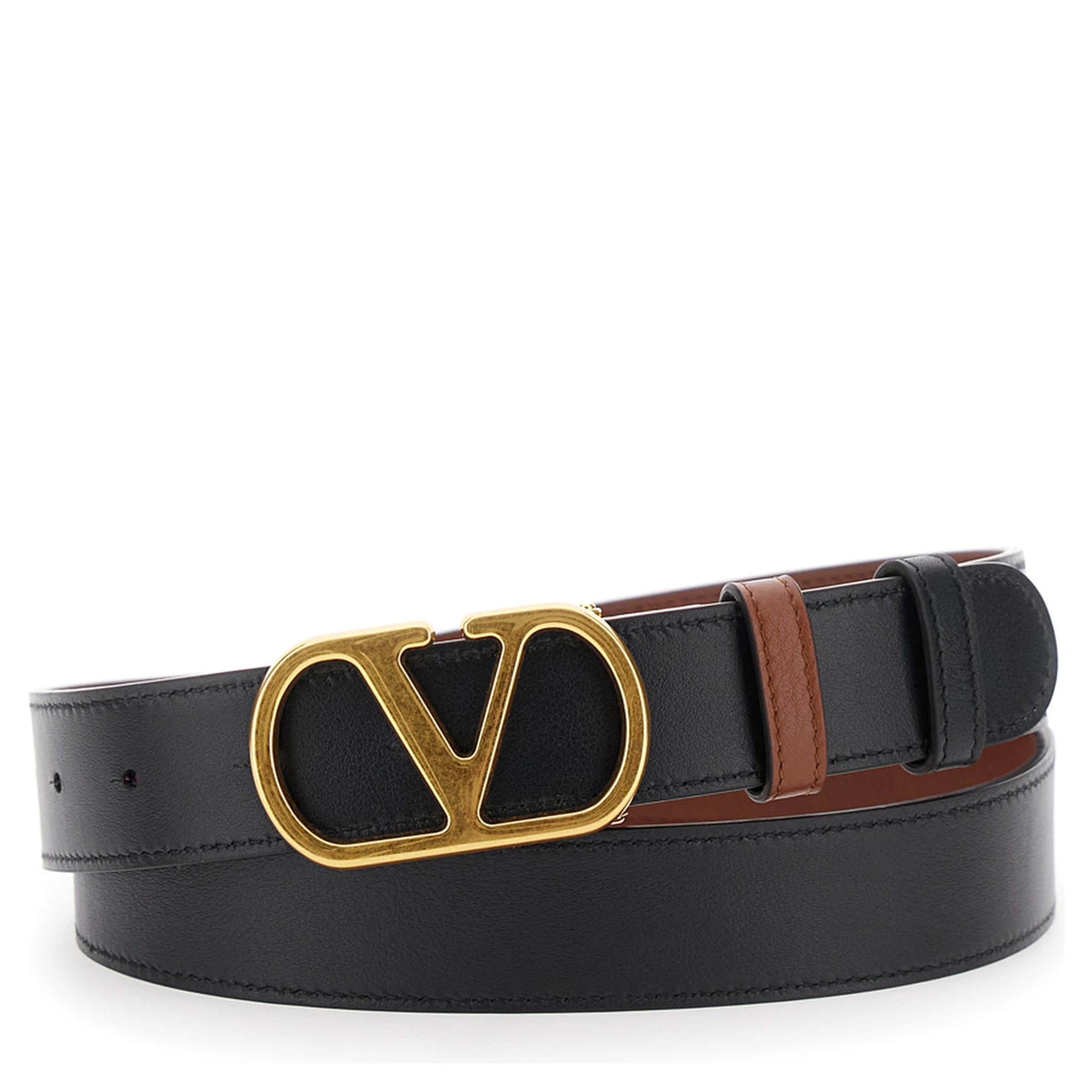 Brown Reversible Belt with VLogo Buckle Closure in Leather Man
