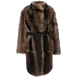 Brown Shearling Coat with High Neck and Front Belt Closure in Fur Woman