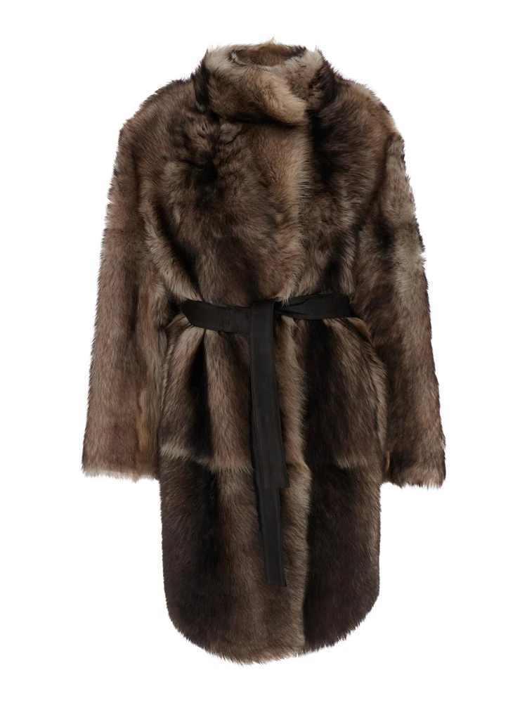 Brown Shearling Coat with High Neck and Front Belt Closure in Fur Woman