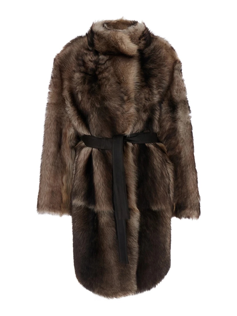 Brown Shearling Coat with High Neck and Front Belt Closure in Fur Woman
