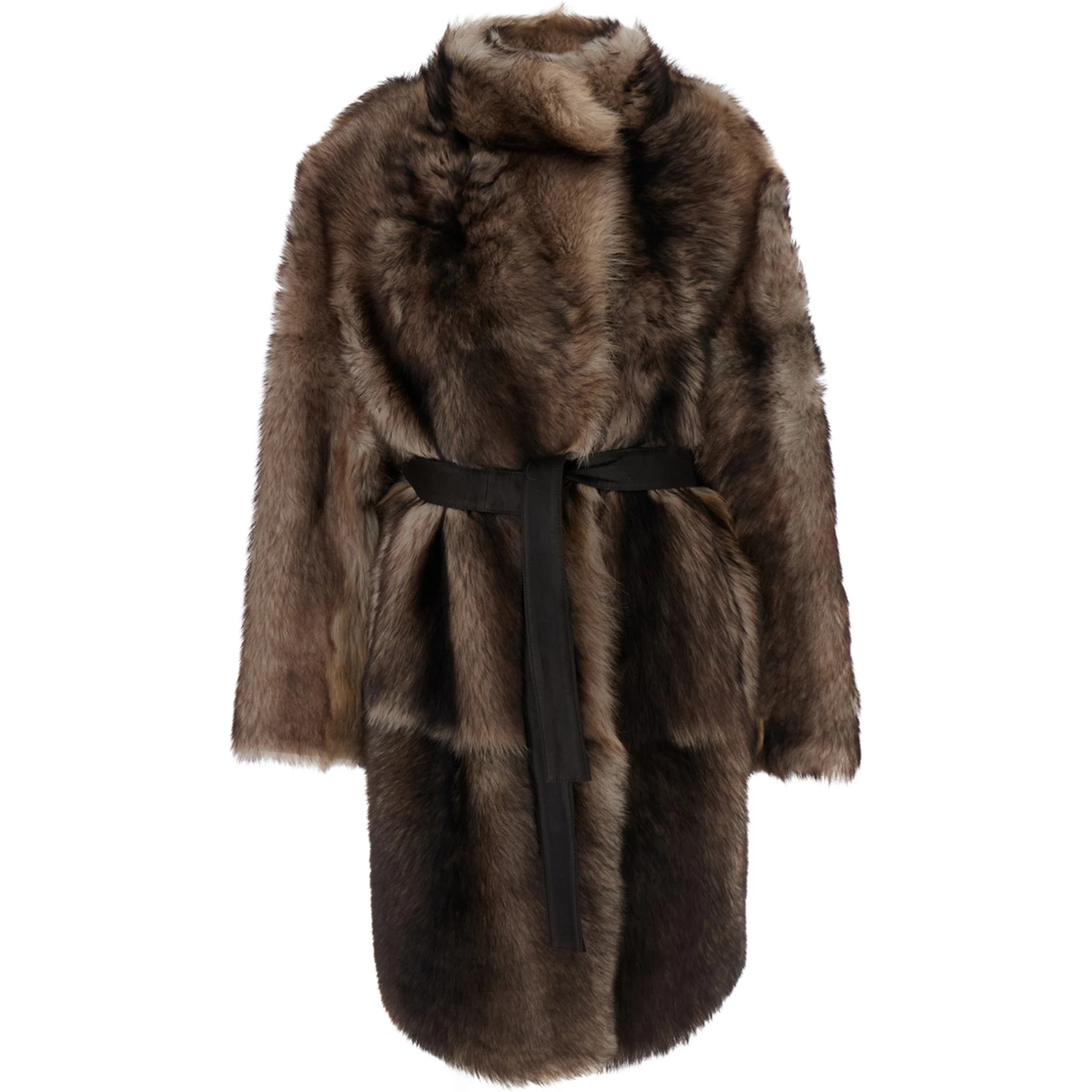 Brown Shearling Coat with High Neck and Front Belt Closure in Fur Woman