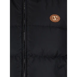 Black Down Jacket with Hood with Drawstring and VLogo Patch on the Front in Tech Fabric Man