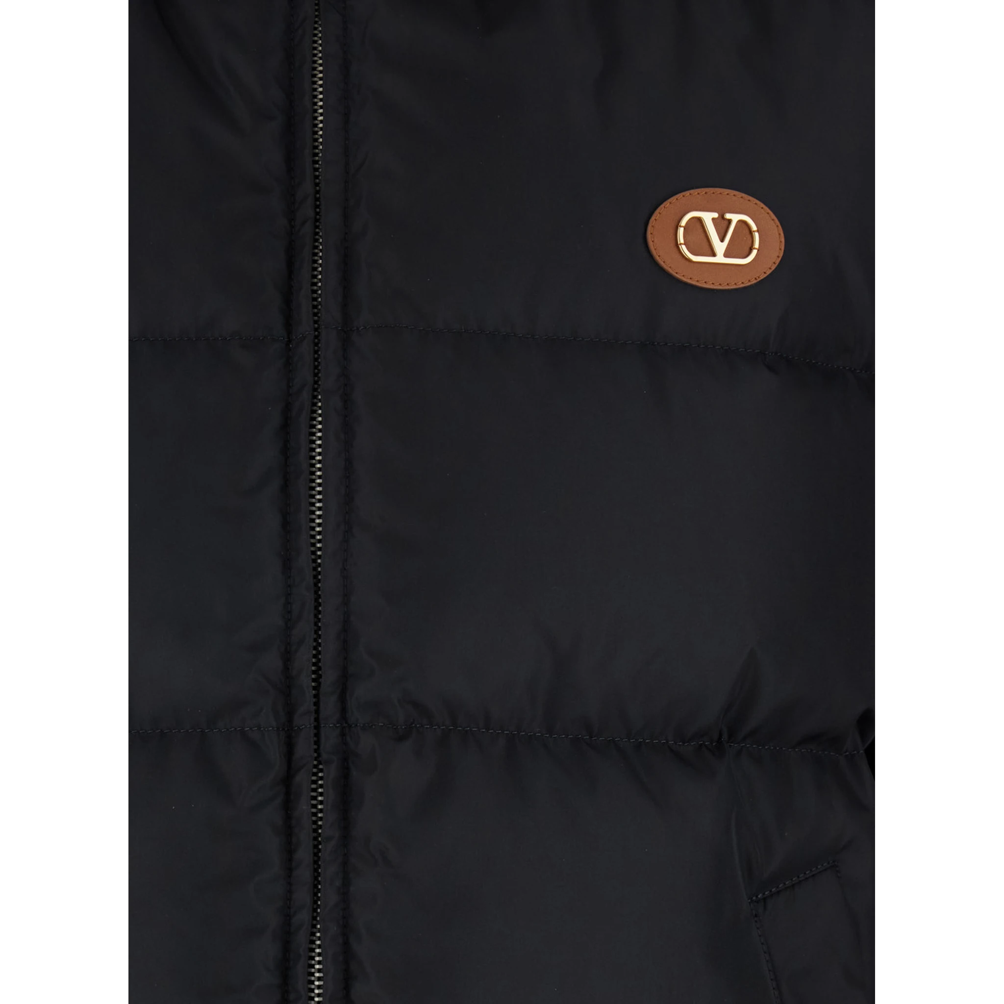Black Down Jacket with Hood with Drawstring and VLogo Patch on the Front in Tech Fabric Man