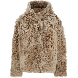 Beige Fur Coat with Fixed Hood and Hidden Fastening in Fur Woman